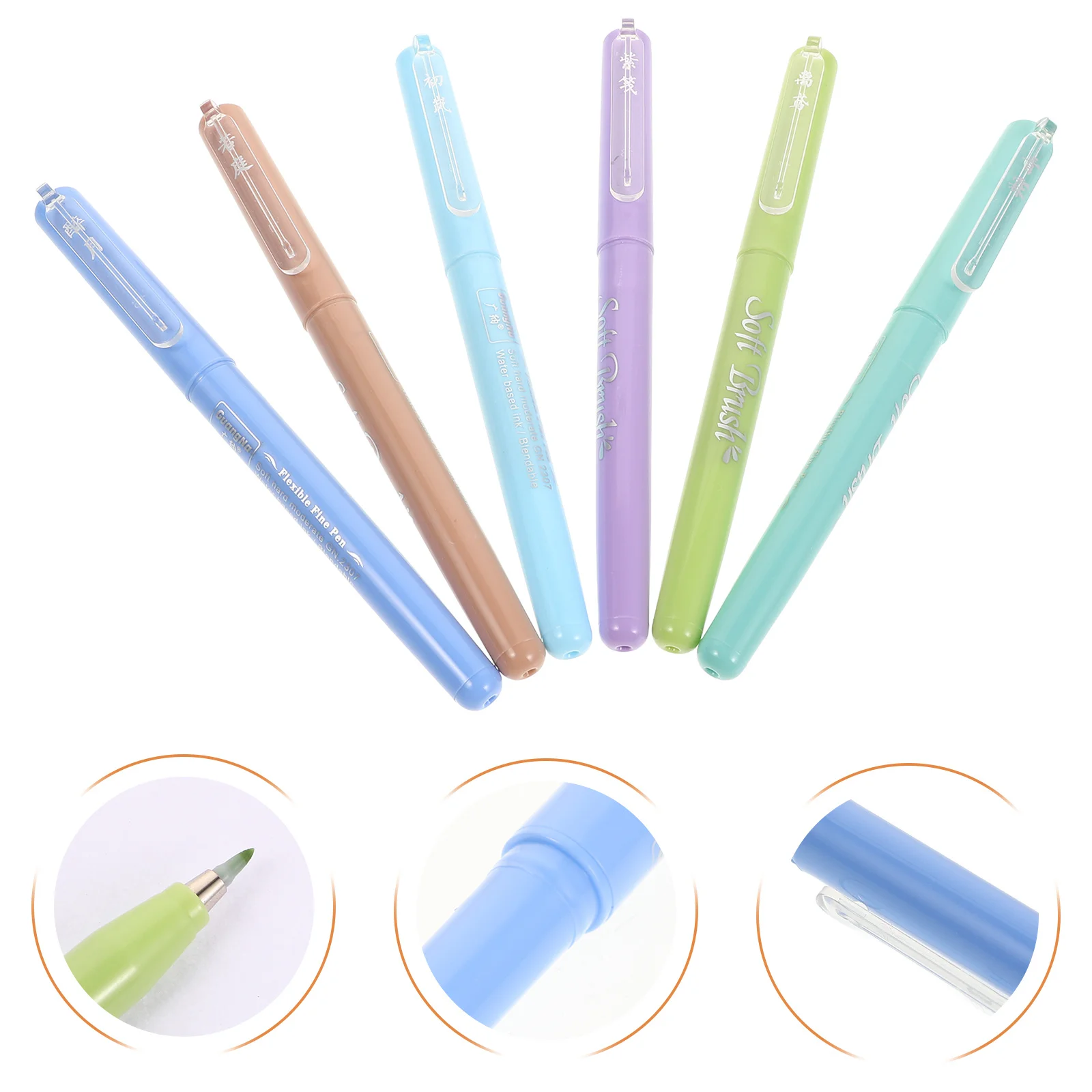 

6Pcs Vibrant Color Calligraphy Pens 6 Colors Soft Tip Water-Based Ink for Beginners Students Doodling Sketching