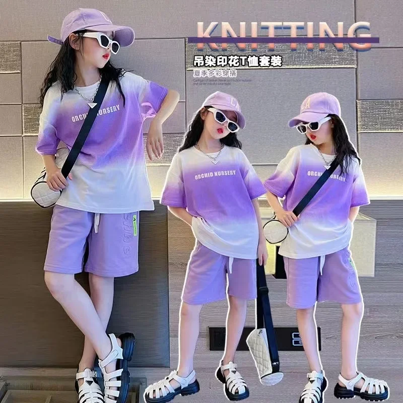 Children Clothes Girl Kids Top and Bottom Clothes Set Purple Gradient Color 2-piece Casual Sports Street Style Suit Loungewear