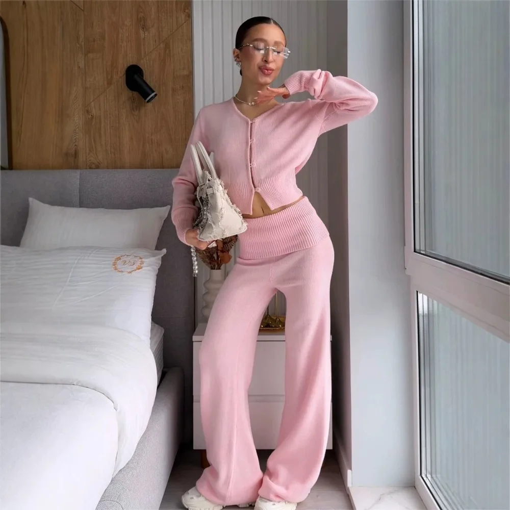 2026 Autumn and Winter New Short Knitted Cardigan High Waist Wide Leg Pants Casual Two-piece Suit with Unique Texture Fashion