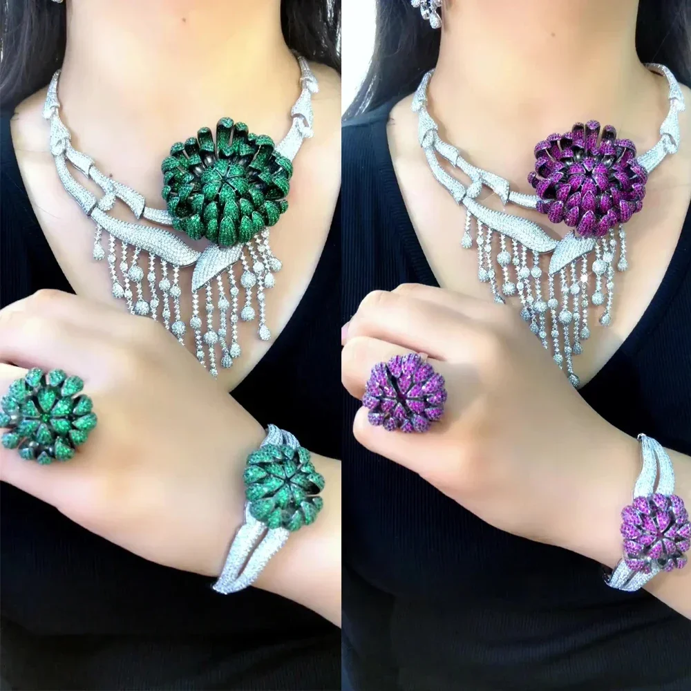 Soramoore Luxury Big Flower Tassel Necklace Bracelet Earrings Ring 4PCS Jewelry Set Women Brides Wedding Jewellery High Quality