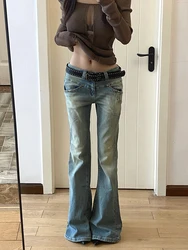 Women Gyaru Japanese Harajuku Y2K Streetwear Low Rise Flare Denim Pants Jeans 2000s Vintage Bell-Bottom Trousers Kpop Goth Tide