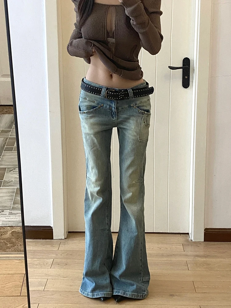 Damskie Gyaru w japońskim stylu Harajuku Y2K Streetwear z niskim stanem spodnie dżinsowe jeansy 2000 w stylu Vintage spodnie z dzwoneczkiem z lat.