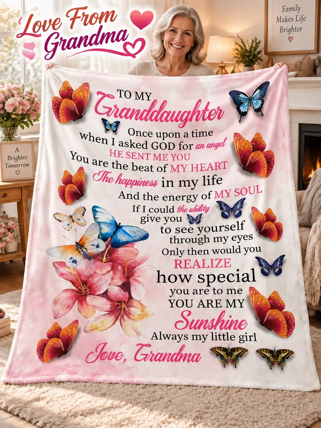Granddaughter Butterfly Flower Flannel Blankets & Throws Gift From Grandma Butterflies Flowers Loving Message Sofa Bed Throw Home Decor Birthday Christmas Thanksgiving Anniversary Graduation Travel Nap Blanket Cozy Warm Lightweight Living Room