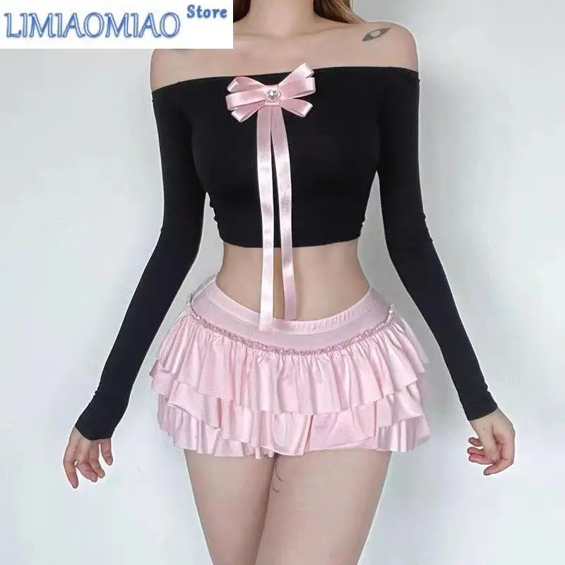 Women Puffy Skirt Pink Cake Skirt Bow Tie Woman Clothing Punk Sweet Vintage Streetwear Kawaii Sexy Design Casual Loose