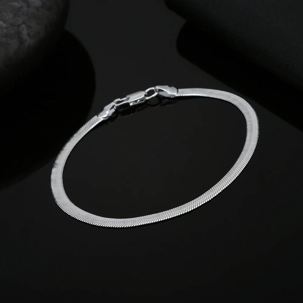 Hot 925 Sterling Silver Chain Couple Fashion Boutique Charm Jewelry Women's 4MM Blade Men's Bracelet Flat Snake Bone Chain