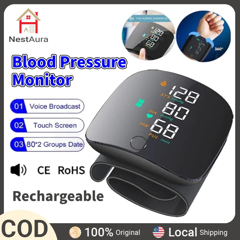 Tensiomètre de poignet LED rechargeable avec diffusion vocale, tensiomètre, tensiomètre de tension artérielle, usage médical à domicile, moniteur de fréquence cardiaque et de pouls
