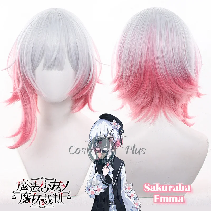 

Game Magical Girl Witch Trial Sakuraba Emma Cosplay Wig White Pink Gradient Short Hair Heat Resistant Wigs For Women Girls Party