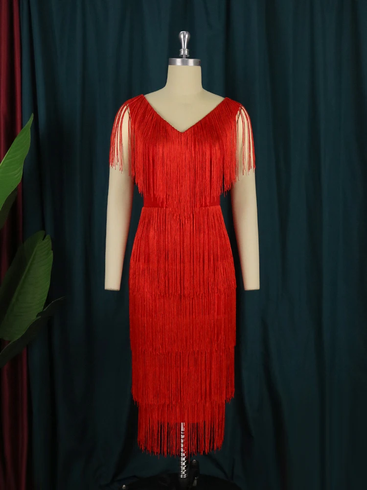 AOMEI Red Tassel Dresses Party V Neck Sleeveless High Waist Women Fringe Dance Evening Birthday