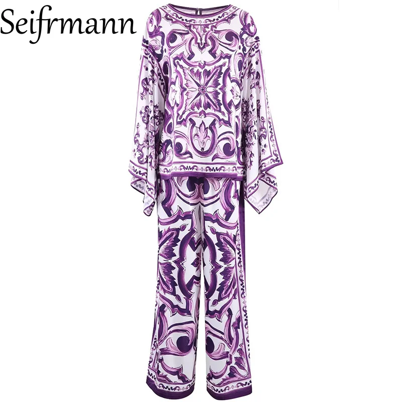 

Seifrmann 2026 Spring Women's New Fashion Printed Round Neck Long Sleeve Top+Wide Leg Pants Two Piece Set