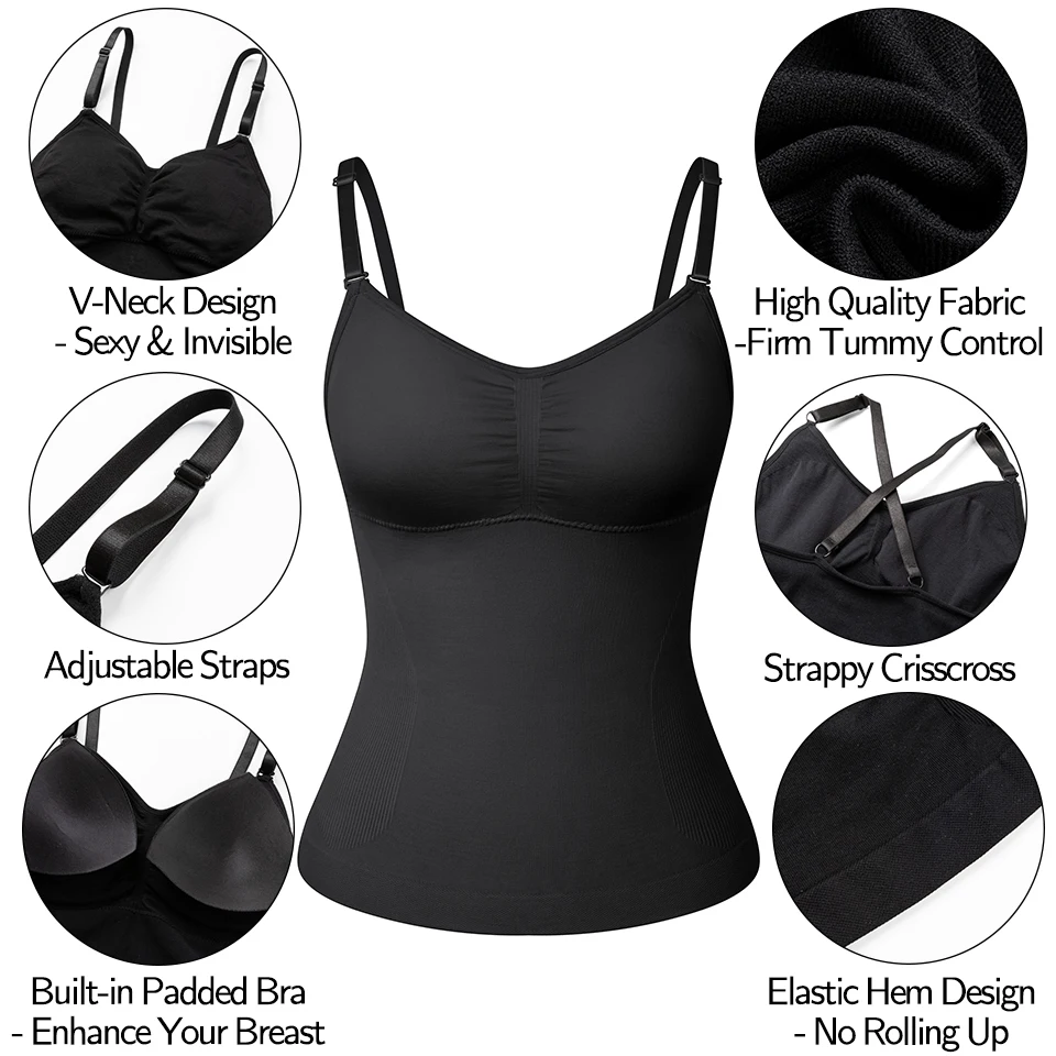 Slimming Shapewear Camisole for Women Tummy Control Built in Bra Tank Top with Adjustable Spaghetti Strap Compression Vest Cami