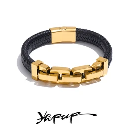 Yhpup 18K PVD Plated Stainless Steel Metal Chain Leather Handmade Men Bracelet Bangle High Quality Jewelry Waterproof