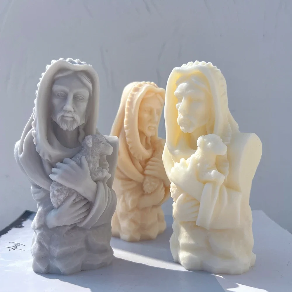 Jesus Christ Holding Lamb Statue Silicone Mold Unique Bust Sculpture Soy Wax Candle Mould Greek Mythology Home Decor