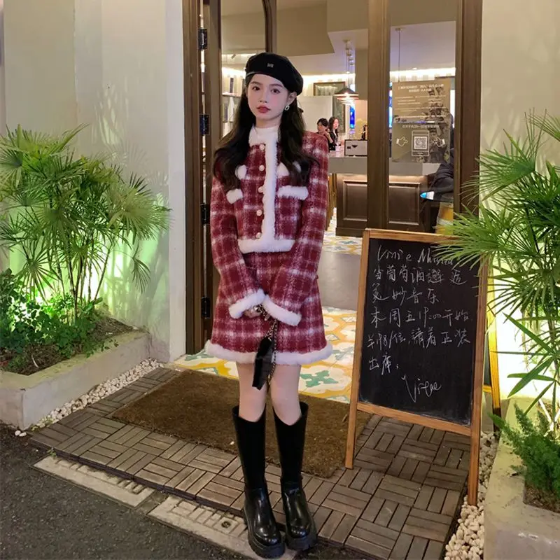 Women Y2k Cropped Blazer Skirts 2pcs Set Winter Thicken Long Sleeve Jackets with Mini Plaid Skirt Suits Harajuku Gothic Outfits