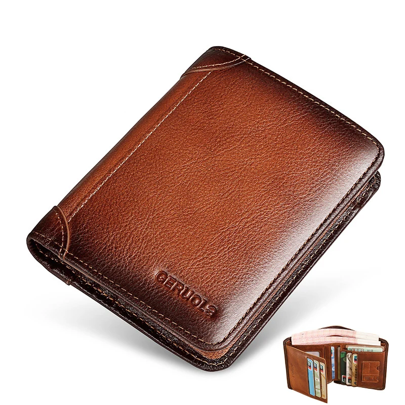 

High Quality 100% Genuine Leather Rfid Wallets for Men Vintage Thin Short Multi Function ID Credit Card Holder Money Fashion Bag