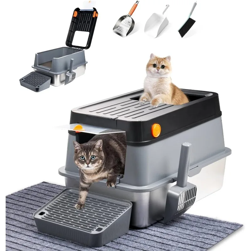 

Stainless Steel Cat Litter Box with Lid, XL Extra Large Metal Litter Box with Stainless Steel Litter Scoop for Big Cat
