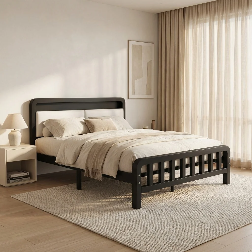 

Прочная кровать-платформа для дома и отеля с регулируемой высотой, железным каркасом, кожаным изголовьем и местом для хранения, прочная кровать для спальни