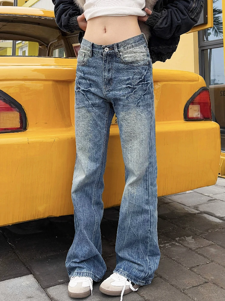 

Retro American High Street CleanFit Lightning Pattern Washed Heavy Duty Ice Blue Jeans Men Women Casual Pants Straight Leg