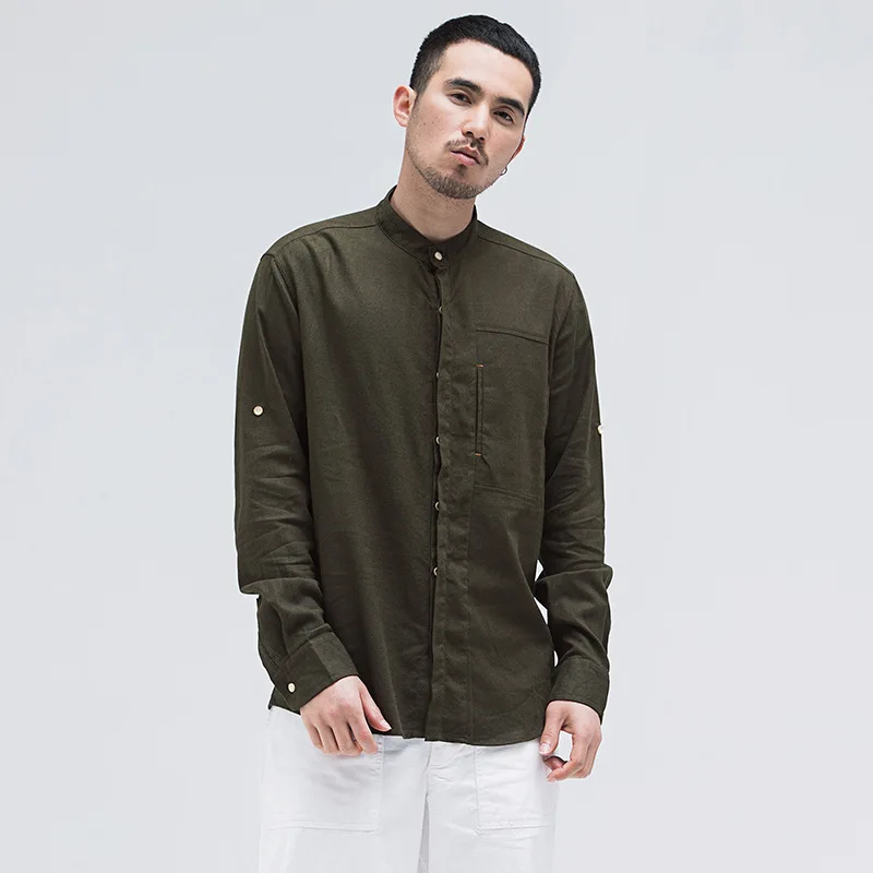 2024 Men's Autumn New Linen Solid Color Long-Sleeved Shirt Youth Slim Stand Collar Fresh Shirt