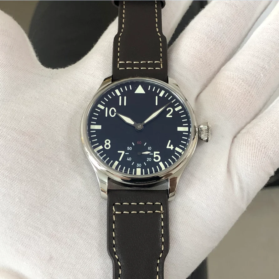 

44mm GEERVO No Logo CN 6498 Watch Black Dial Luminous ST361 17 Jewels Mechanical Hand Wind Movement Man's Pilot Watches GR0528