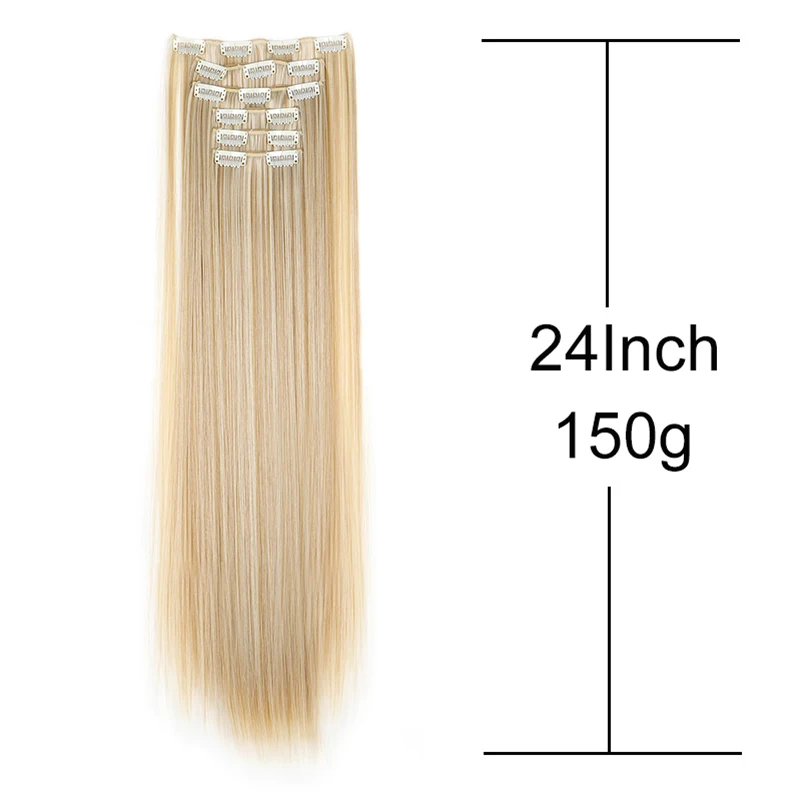 Extensión de cabello sintético de 24 pulgadas con 16 clips, lacia larga, rubia y negra, resistente al calor, para uso diario 4