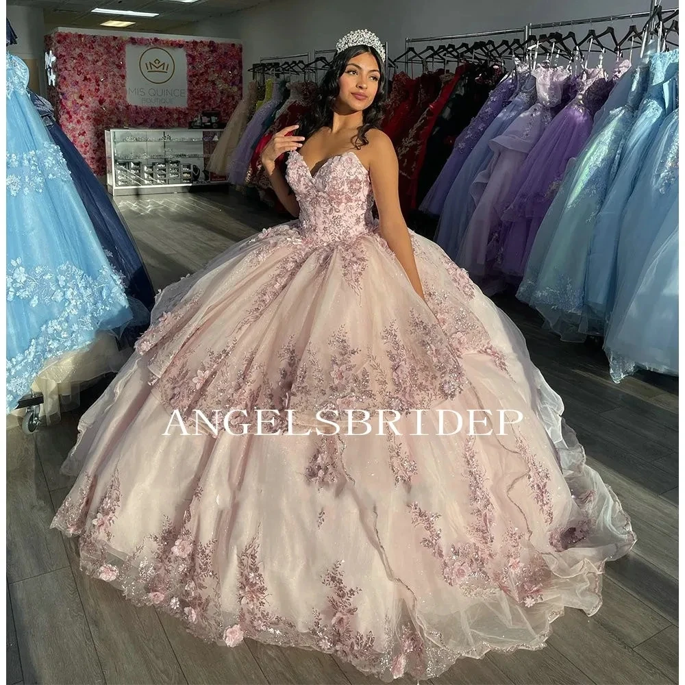 Angelsbridep 2023 Appliques Gelaagde Quinceanera Jurken Baljurk Lieverd Mouwloos Korset Corset Vestidos De Xv Años