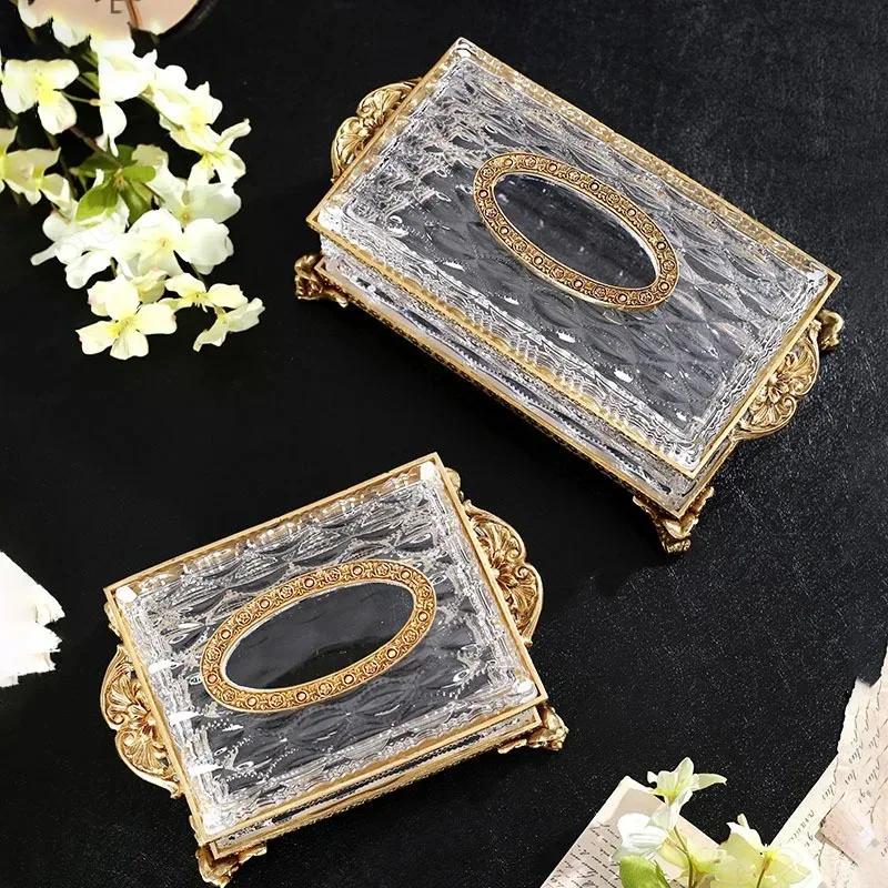 Vintage Golden Carved Crystal Glass Napkin Holder Brass Relief Tissue Boxes American Bedroom Bedside Paper Towel Organization