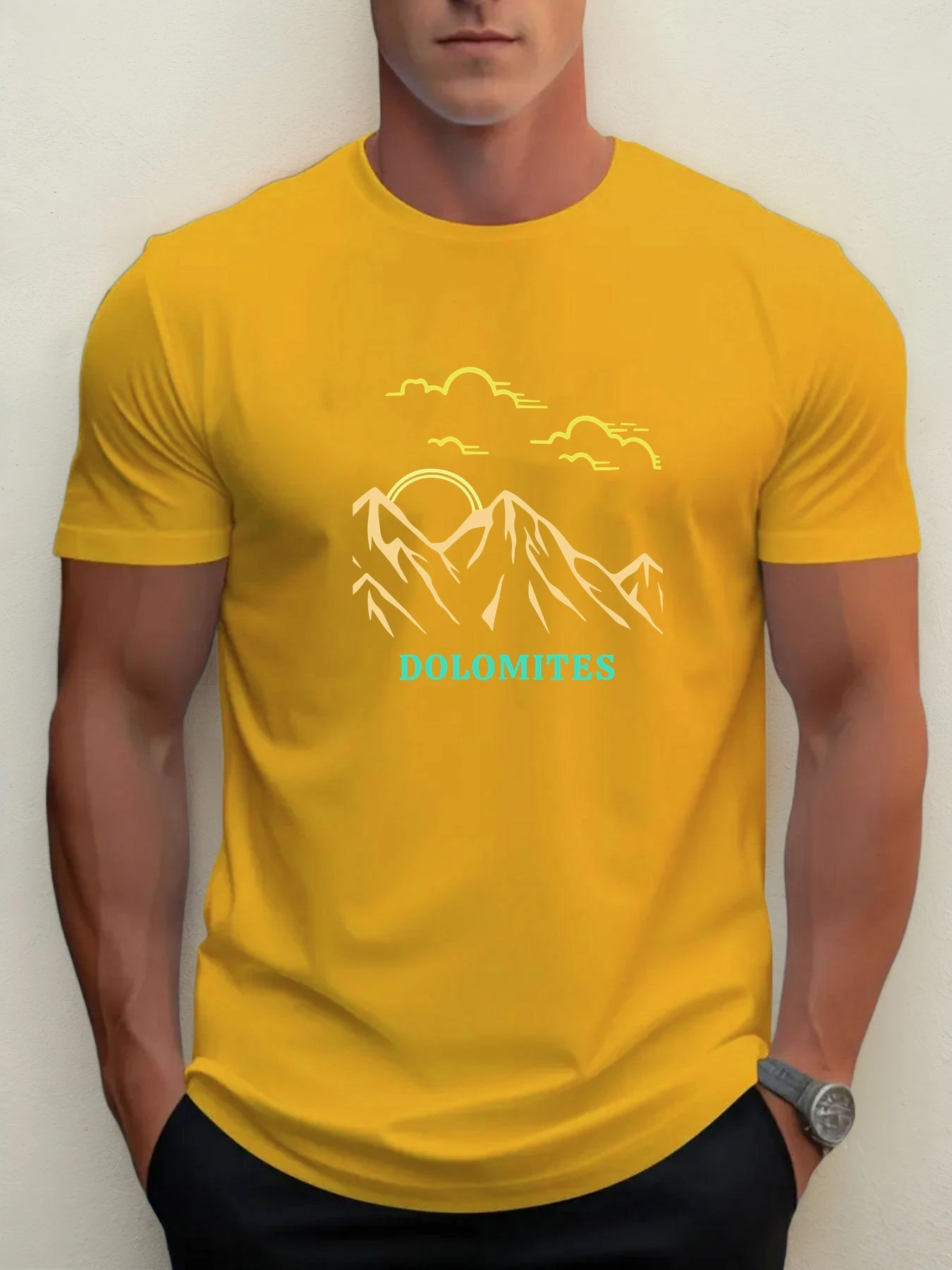 Men's T-Shirt 2025 New Arrival Chic Dolomites Mountain Graphic Pastel Cloud & Peak Stylized Print Stylish Top Daily Casual