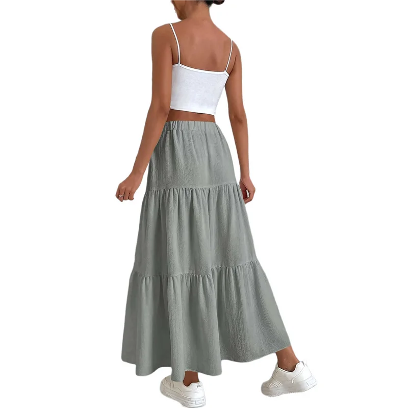 

Women High Waisted Flowy Tiered Linen Skirt Casual Pleated A-Line Beach Long Skirts With Tie-A55G