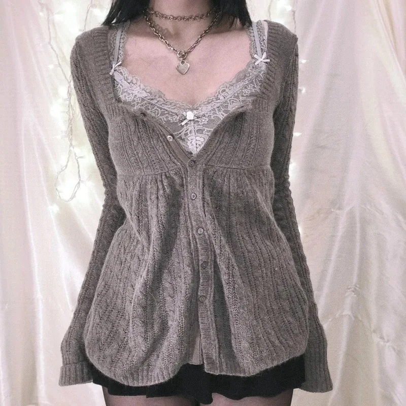 

Y2K Fashion Sweet Comfortable Square Neck Long Sleeve Cardigan Button Cable Knit Sweater Women