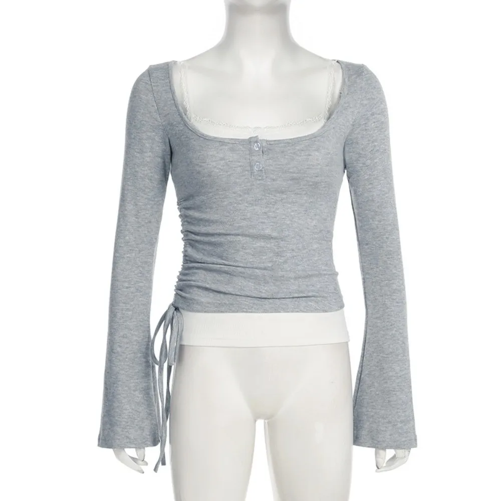 Tops cortos ajustados de dos piezas falsos elegantes, Top con parte inferior de encaje y lazo, manga acampanada, prendas de punto ajustadas cómodas, ropa de calle