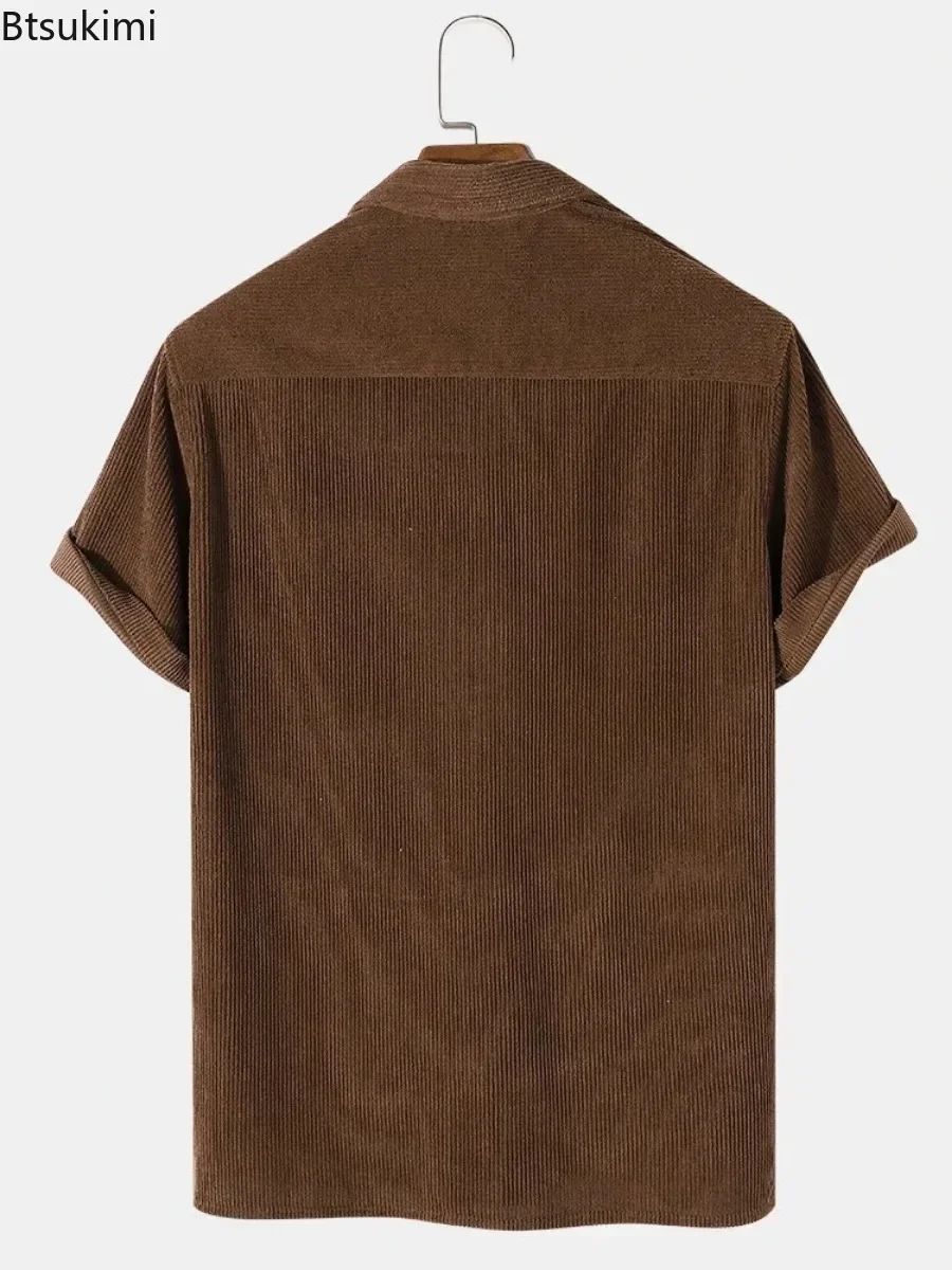 2025 Men's Summer Corduroy Short Sleeve Shirt Top Casual Streetwear Solid Lapel Loose Pullover Retro Simple Tops for Men Tees