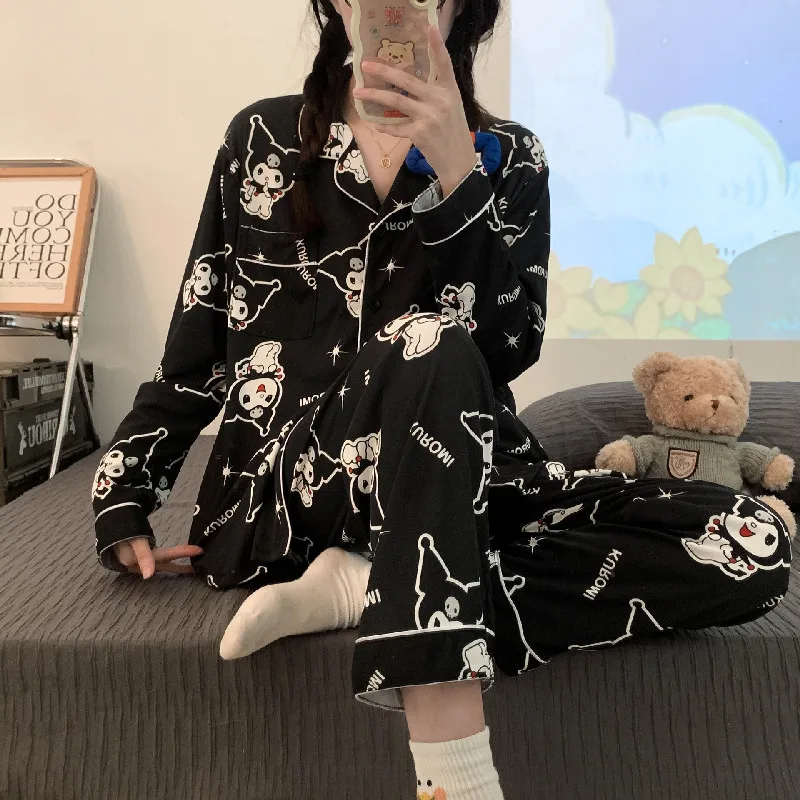 New Cartoon Sanrio Kuromi Pajamas Women'S Cute Loose-Sleeved High-Looking Kawaii Anime Spring And Autumn Household Clothes Suit