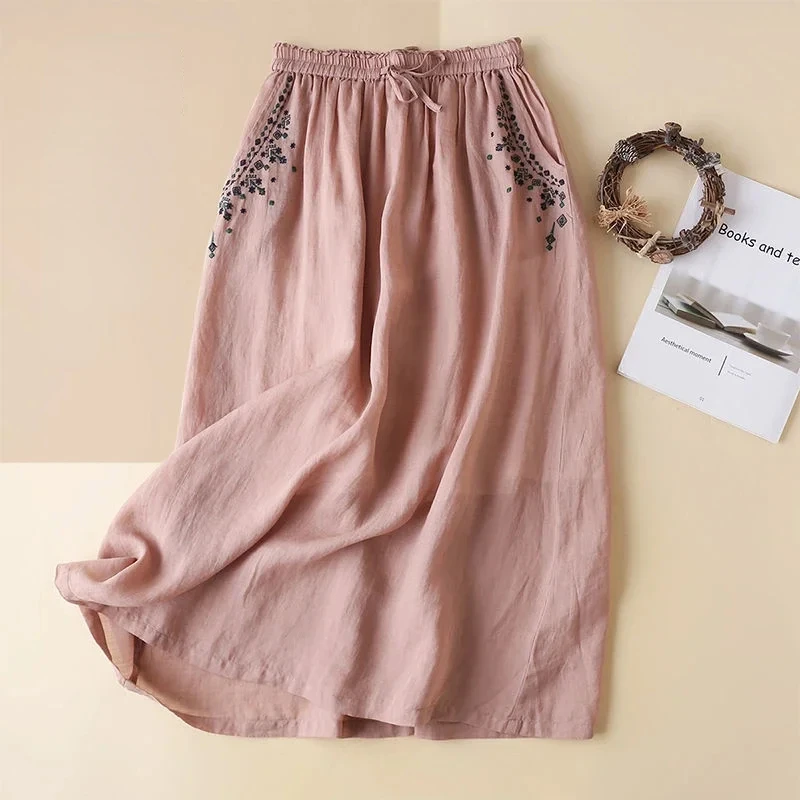 

Cotton Linen Women's Long Skirt Summer New Embroidered Elasticity Waist Thin Loose Fashion Casual A- Line Skirt