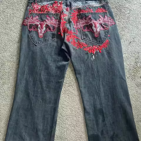 Y2K American Fashion New Oversized Embroidered Baggy Jeans Men Gothic Hip Hop Popular Casual Joker High Waist Wide Leg Pants