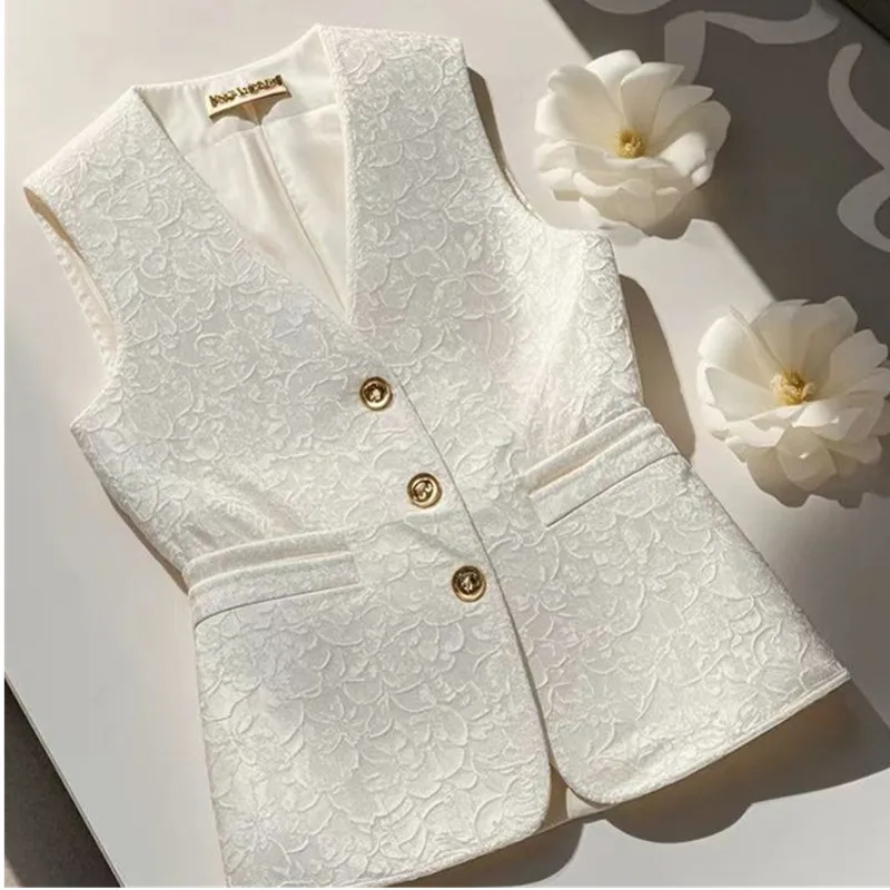 

Новинка 2026, весенне-осенний белый жаккардовый жилет, женский модный универсальный повседневный жилет без рукавов, женские жилеты, кардиган