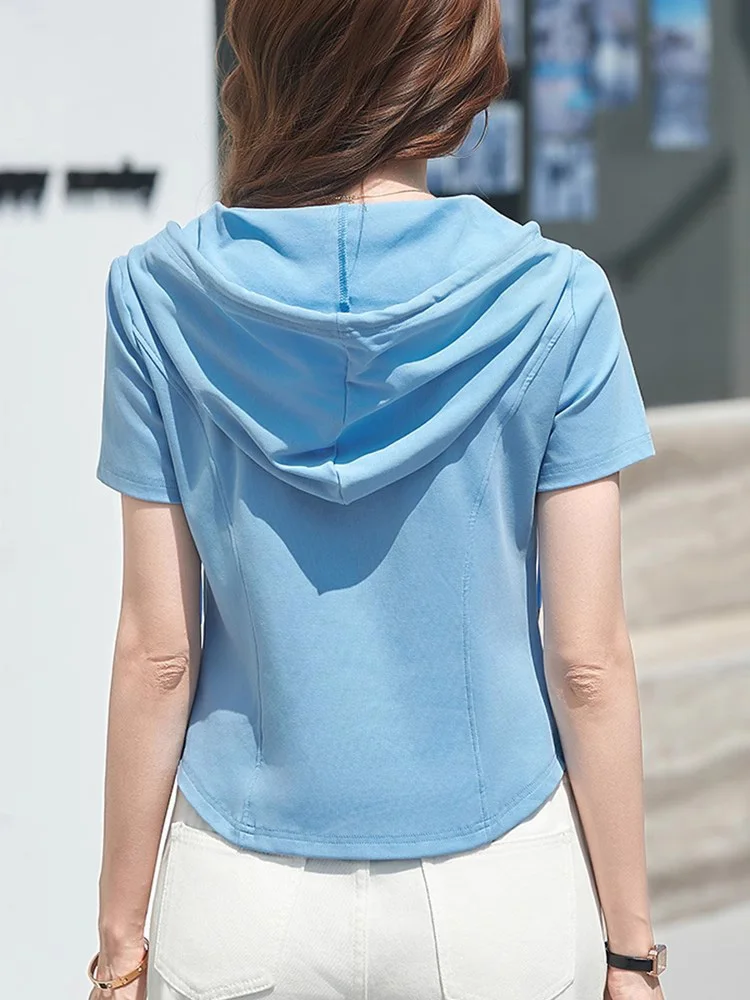 New Women Hooded T-shirt Summer Fashion Double-head Zipper Cardigan Short Sleeve Loose T-shirt Casual Simplicity Short Hoodies
