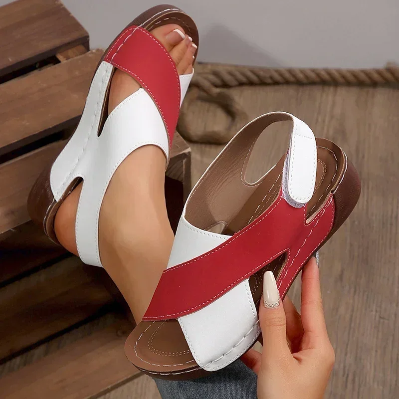 Women Contrast Color Wedge Sandals Slingback Peep Toe Platform Non Slip Comfort Summer Beach Roman Shoes Wide Fit Hook And Loop