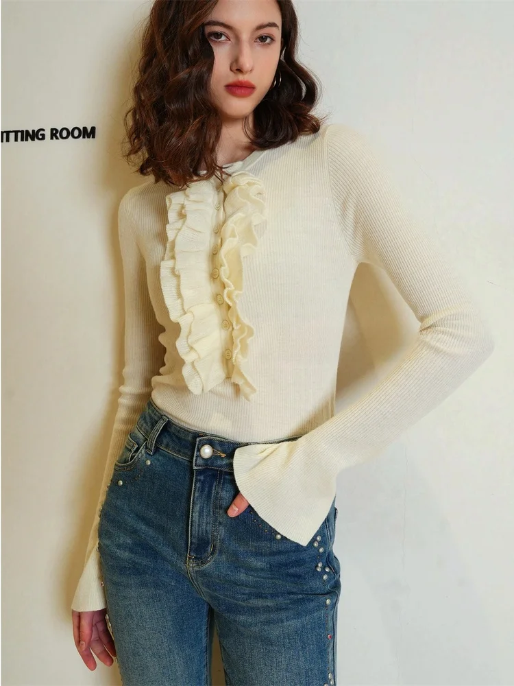 

Белый шерстяной свитер с рукавами-колокол и кружевной отделкой в стиле ретро, женская модная одежда, эксклюзивно онлайн, укороченная модель