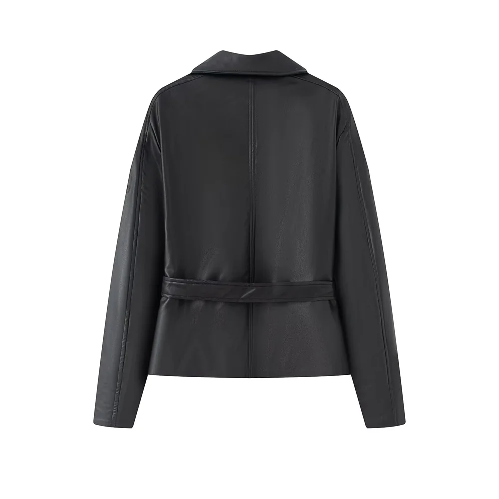 Nouveau automne et hiver femmes papillon arc ceinture épaulière PU imitation cuir revers à manches longues coupe-vent court