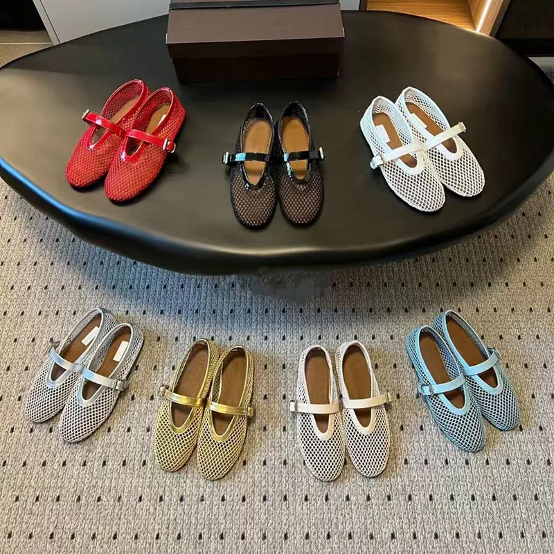 Designer Brand Original Mesh Buckle Ballet Sandals With Women's Hollow Flat Bottom Mary Jane Mesh Fishing Net Shoes