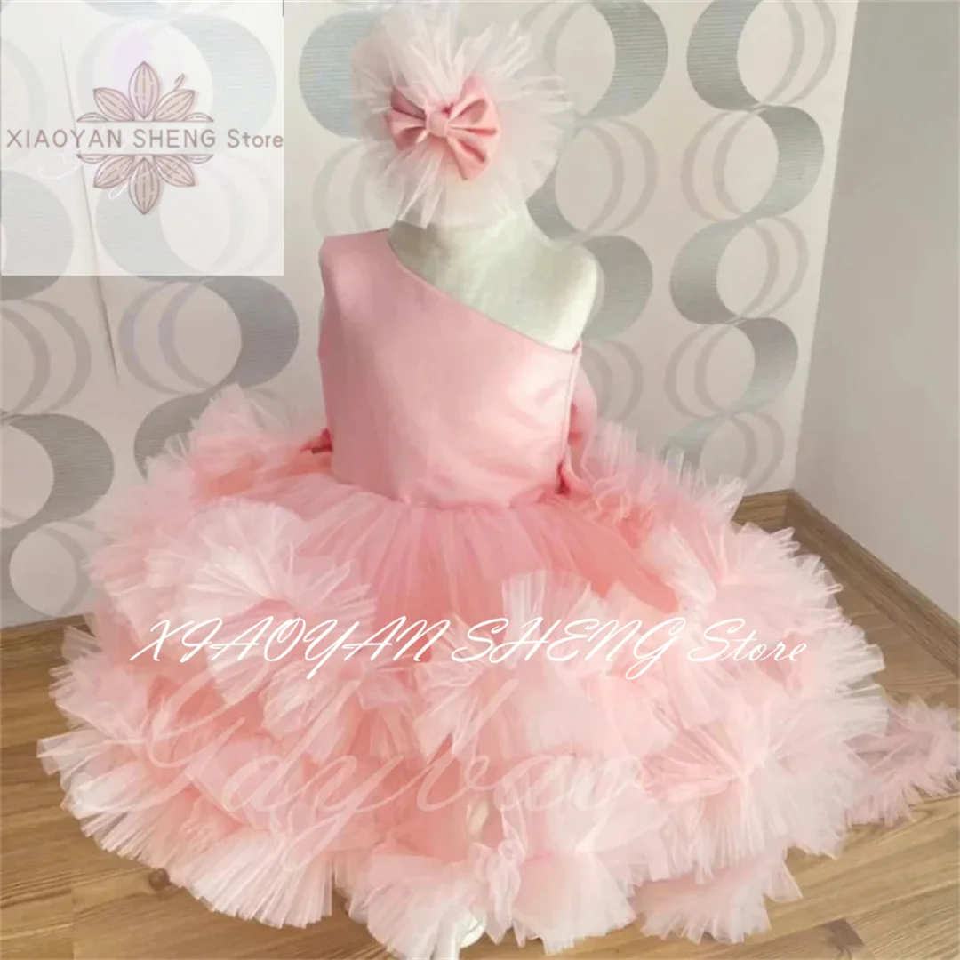 Vestido rosa plisado de flores para niña, para boda, volantes, tul, hinchado hasta la rodilla, con cola, desfile, elegante vestido de fiesta de cumpleaños para niño