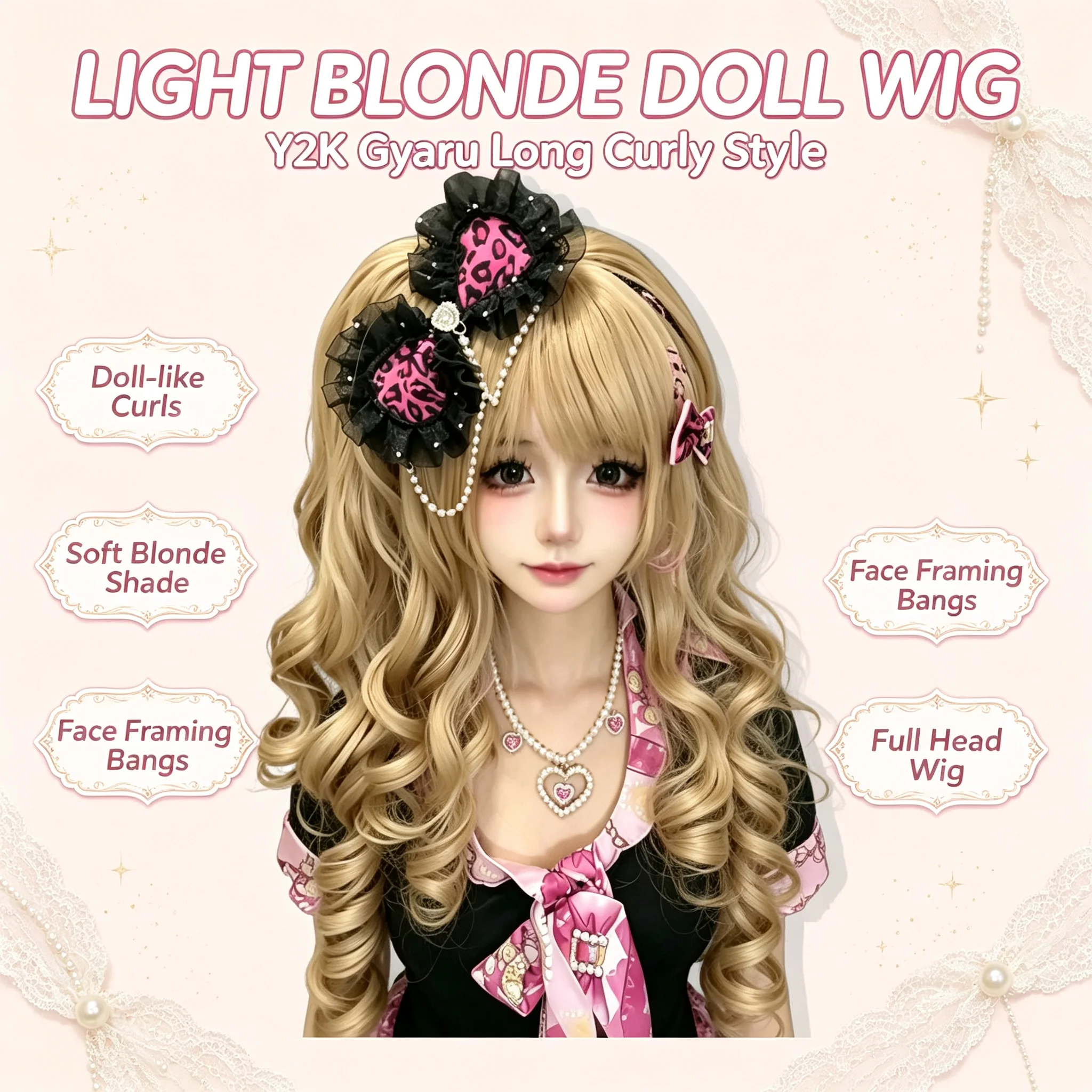 Light Blonde Y2K Gyaru Long Curly Wig with Bangs Doll Style Synthetic Fiber Women Cosplay Daily Face Slimming Full Head Wig view 6