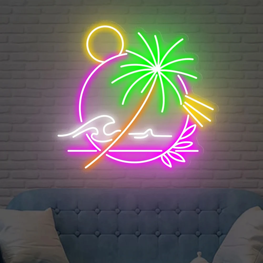 

Tropical Vintage Sunset Palm Tree Artwork Led Neon Sign Light Custom Neon for Living Room Decor Summer Atmosphere Neon Design