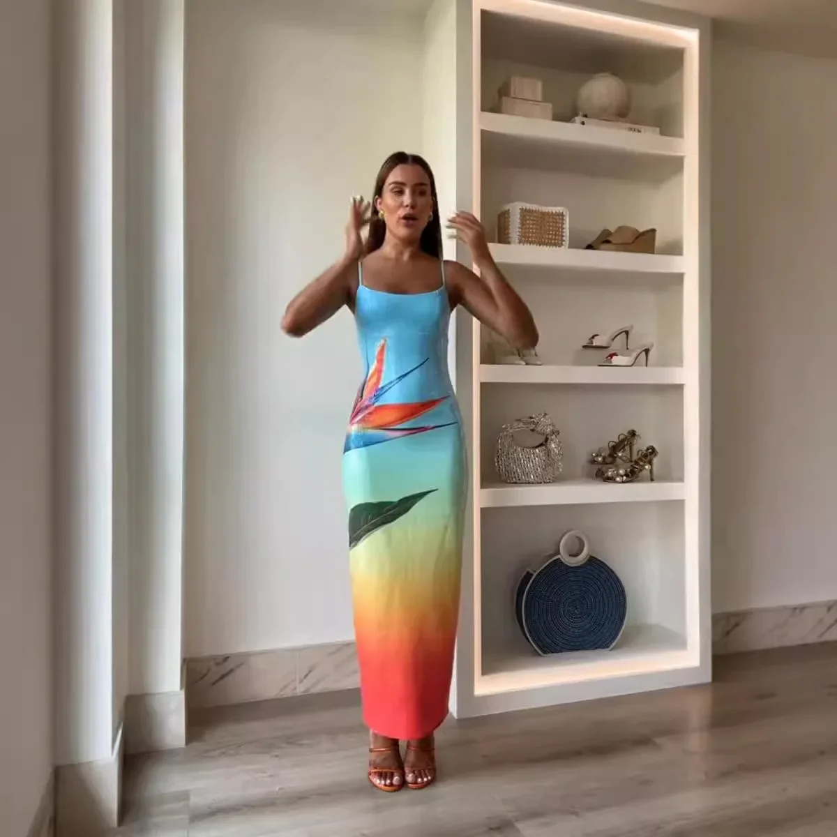 INS-Robe fendue de soirée décontractée, printemps et automne, couleur unie, tempérament, mode décontractée, bretelles, imprimé à paillettes, nouveau, 2024