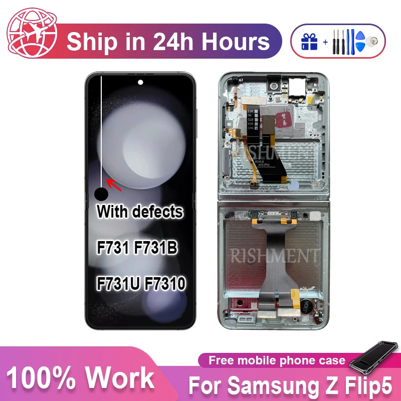 

100% Work Z Flip5 F731 Touch Screen For Samsung Galaxy Z Flip 5 LCD SM-F731N F731B F731U F7310 Display With Frame Replacement