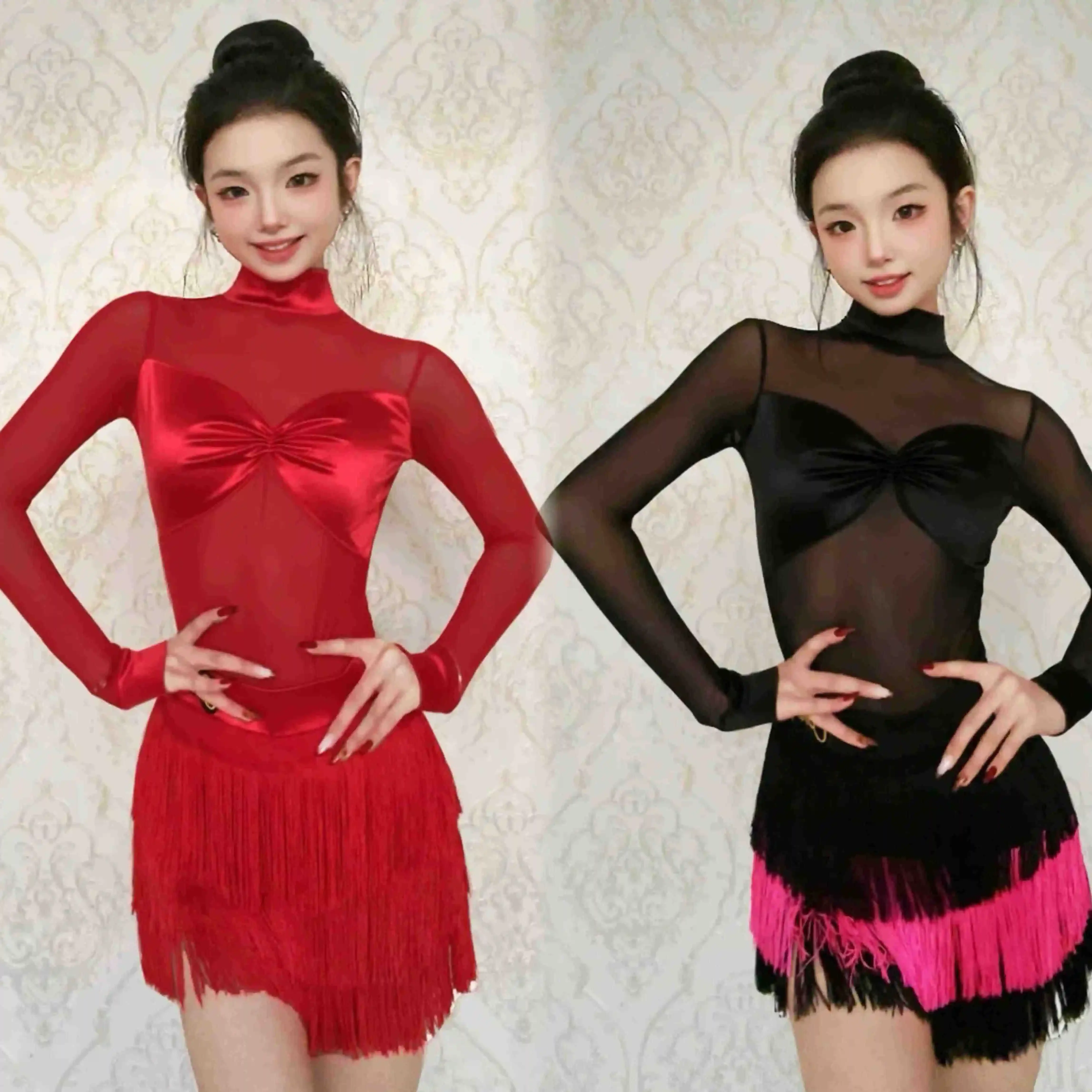 

2026 Latin Dance Clothes Women Adult Long Sleeves Mesh Tops Tassel Skirt Cha Cha Rumba Samba Dance Performance Dresses DNV26096