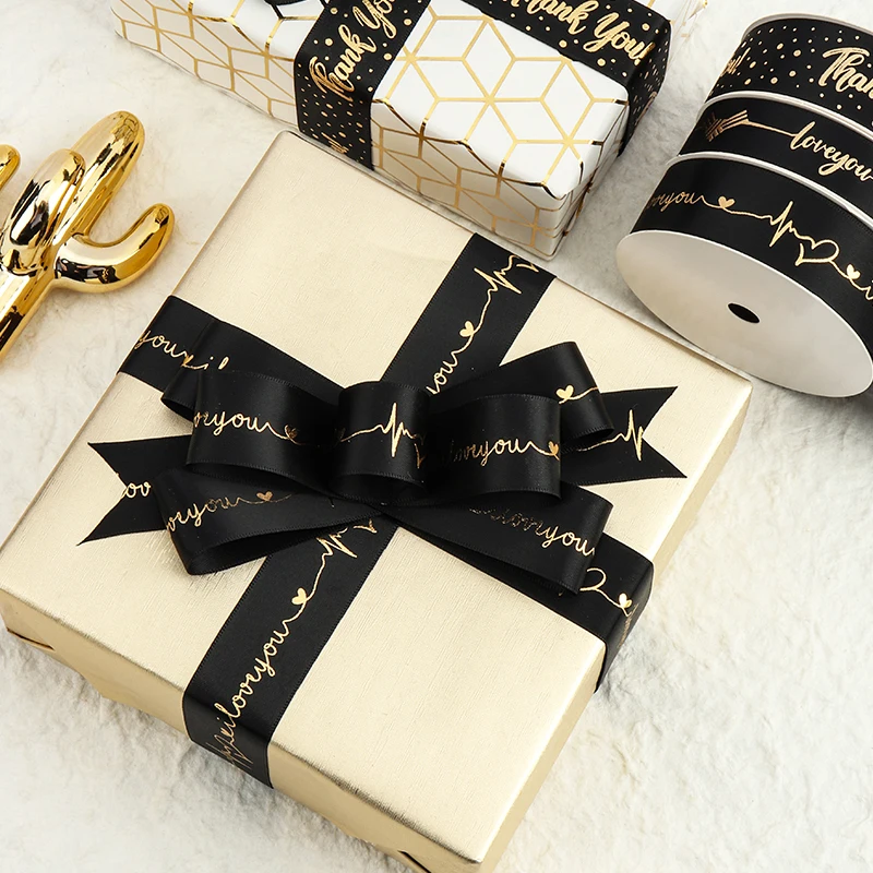 10Yards Black Gold Collection Happy Birthday Ribbon Valentine\'s Day Wedding Event Party Christmas Decoration Baking Bouquet Bow