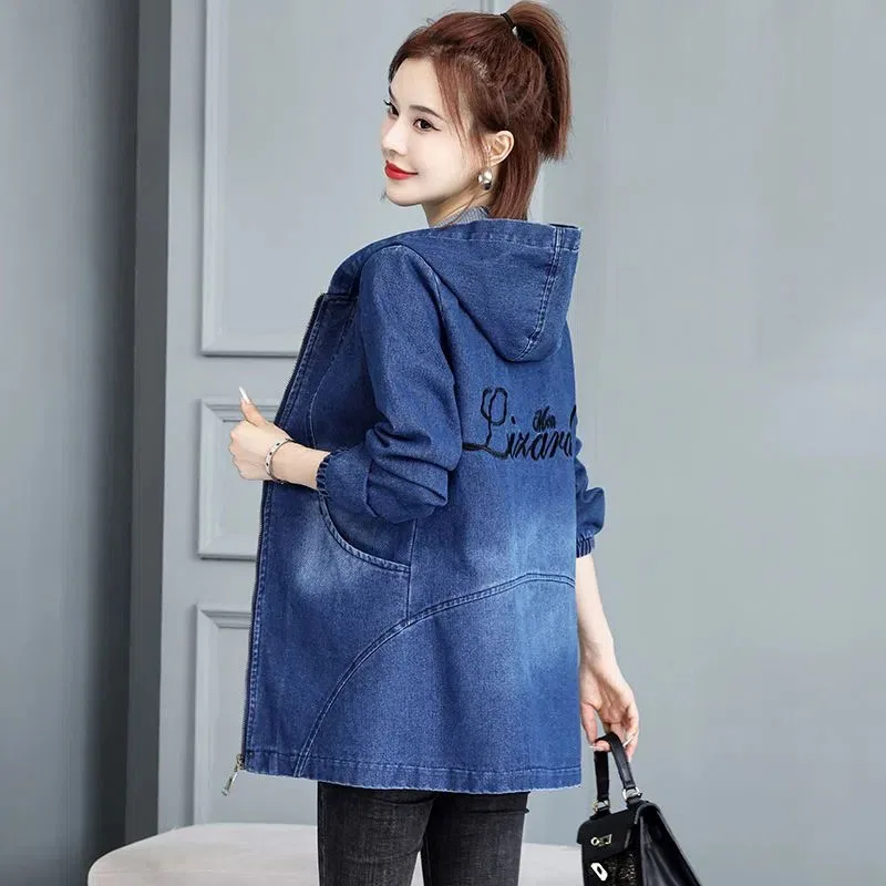 

2022Spring Autumn New Women Denim Jacket Casual Jean Women Coat Long Sleeve Hooded Zipper Waist Cowboy Outwear Female Tops E103