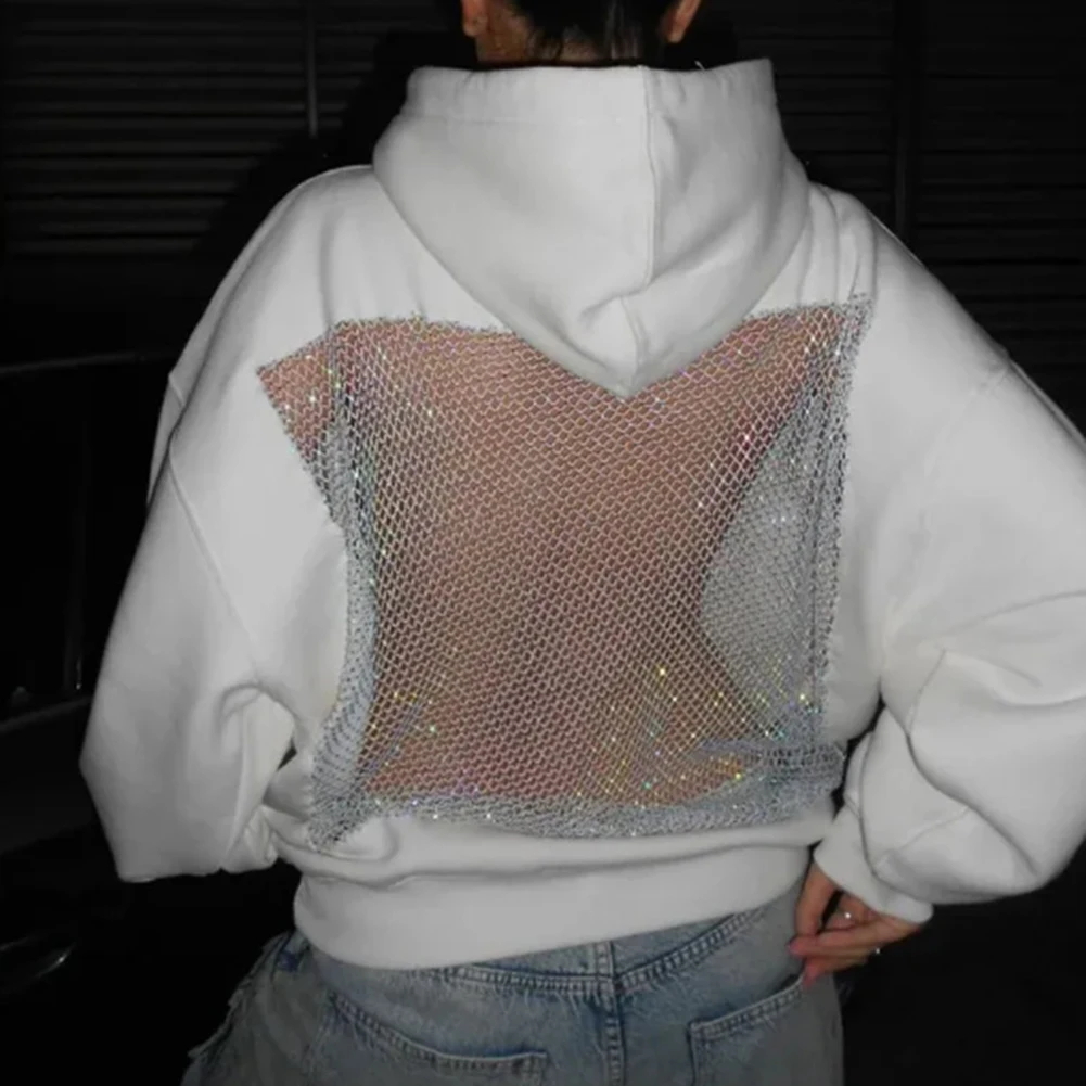 

Sexy Hollow Mesh Hoodie Womens Fashion Hooded Pullover Sweatshirt Backless Mesh Patchwork Casual Long Sleeve Jacket
