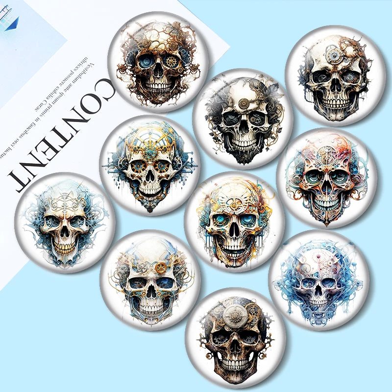 Mechanical Skulls Steampunk Skull 10pcs 12mm/16mm/18mm/25mm Round Photo Glass Cabochon Demo Flat Back Making findings